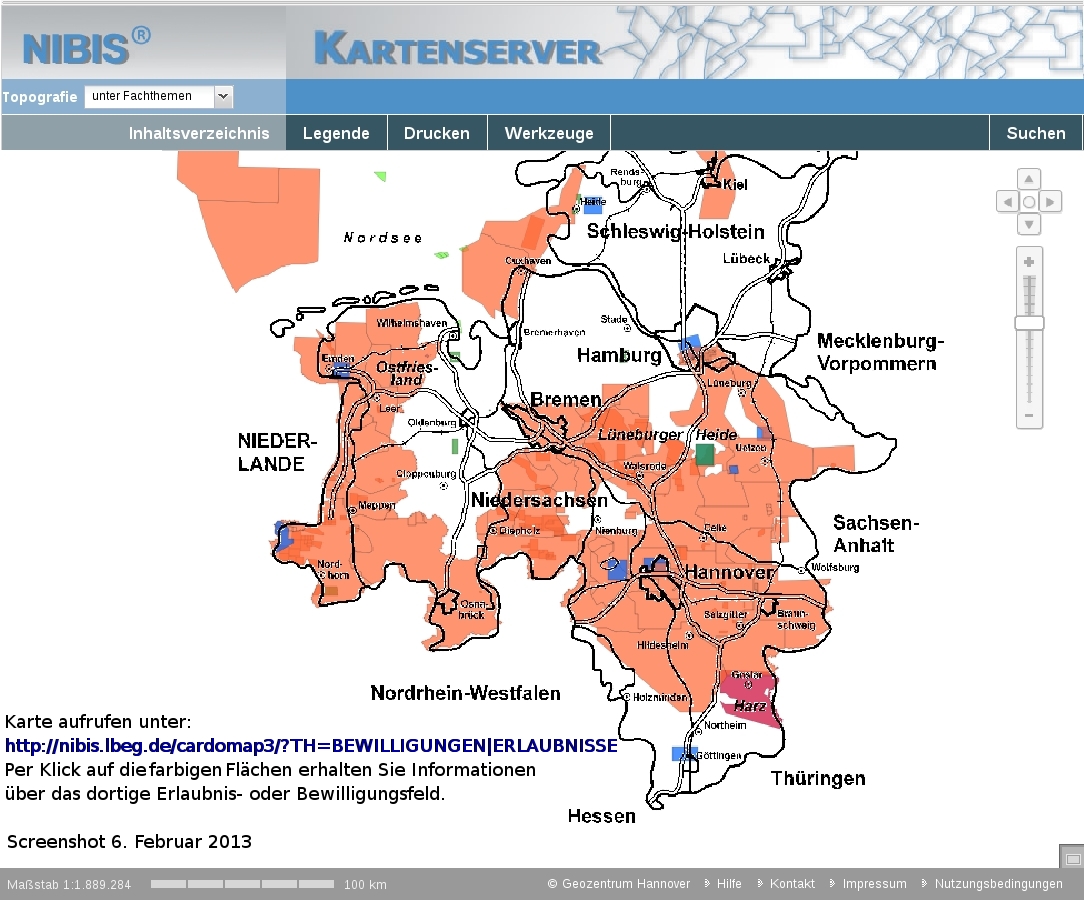 Screenshot der Darst. von Erlaubnis- und Bewilligungsfeldern im Bereich des LBEG, 6.2.2013 Screenshot der Darst. von Erlaubnis- und Bewilligungsfeldern im Bereich des LBEG, 6.2.2013