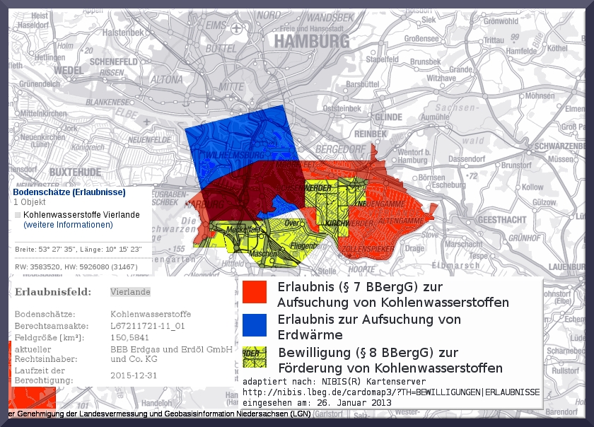 NIBIS (Ausschnitt Hamburg): Gas-, Öl- und Erdwärme-Aufsuchungs- und Förderfelder NIBIS (Ausschnitt Hamburg): Gas-, Öl- und Erdwärme-Aufsuchungs- und Förderfelder