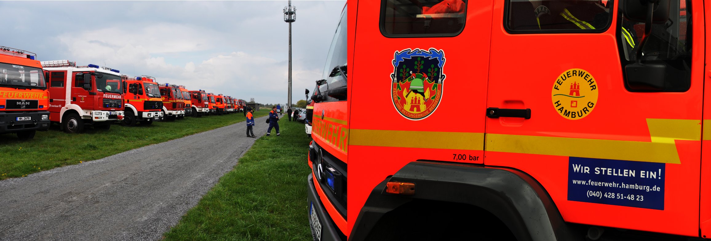 Feuerwehrautos auf dem Gelände von Marco Odemann. Eigenwerbung auf dem Fahrzeug der Bergedorfer Feuerwache F26. Feuerwehrautos auf dem Gelände von Marco Odemann. Eigenwerbung auf dem Fahrzeug der Bergedorfer Feuerwache F26.
